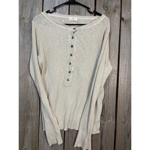 t.la 100% Cotton Long Sleeve Raw Edge Ribbed Henley  Cream Large Made In The USA